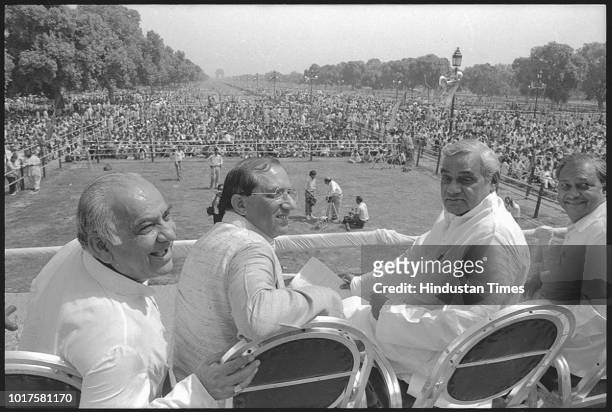March 18, 1991: BJP leaders Atal Bihari Vajpayee, Madan Lal Khurana and Vijay Malhotra - BJP Rally at Boat Club. Former prime minister Atal Bihari...