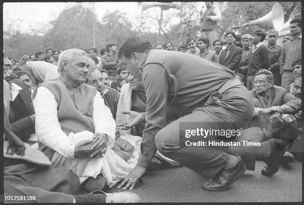 Leader Atal Bihari Vajpayee sitting on Demonstration. Former prime minister Atal Bihari Vajpayee, the first non-Congress leader to serve a full term...