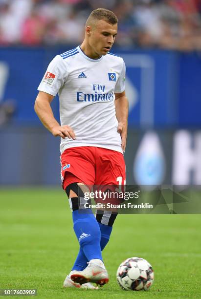 Vasilije Janjicic of Hamburg in action during the friendly match between Hamburger SV and Bayern Muenchen at Volksparkstadion on August 15, 2018 in...