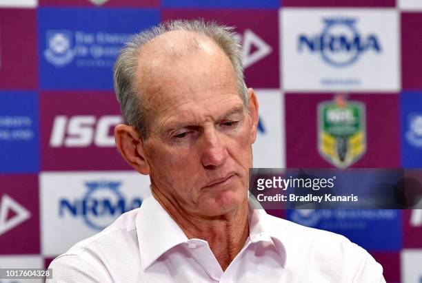 Coach Wayne Bennett of the Broncos speaks at a post match press conference after the round 23 NRL match between the Brisbane Broncos and the South...