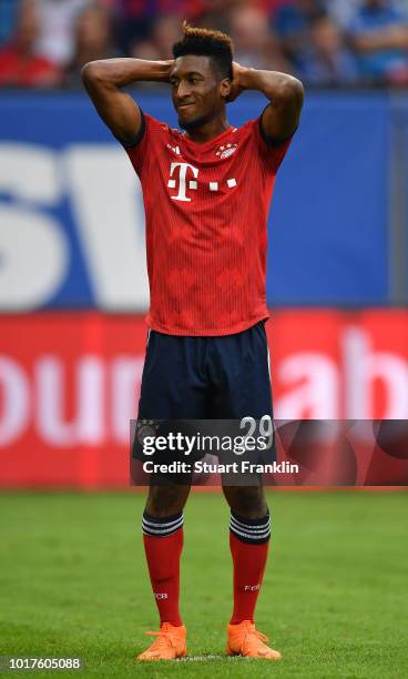 Kingsley Coman of Muenchen reacts during the friendly match between Hamburger SV and Bayern Muenchen at Volksparkstadion on August 15, 2018 in...