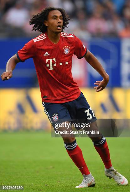 Joshua Zirkzee of Muenchen in action during the friendly match between Hamburger SV and Bayern Muenchen at Volksparkstadion on August 15, 2018 in...