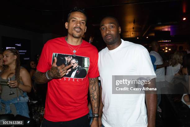 Matt Barnes and Gilbert Arenas attend the Bowl 4 a Cure event hosted by Matt Barnes and Snoop Dogg at Lucky Strike on August 10, 2018 in Los Angeles,...