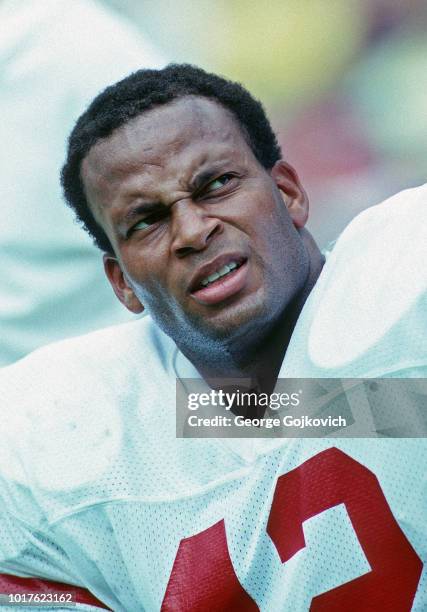 Safety Ronnie Lott of the San Francisco 49ers looks on from the sideline during a game against the Pittsburgh Steelers at Three Rivers Stadium on...