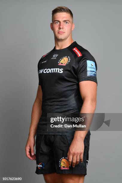 Toby Salmon of Exeter Chiefs poses for a portrait during the Exeter Chiefs squad photo call for the 2018-19 Gallagher Premiership Rugby season at...