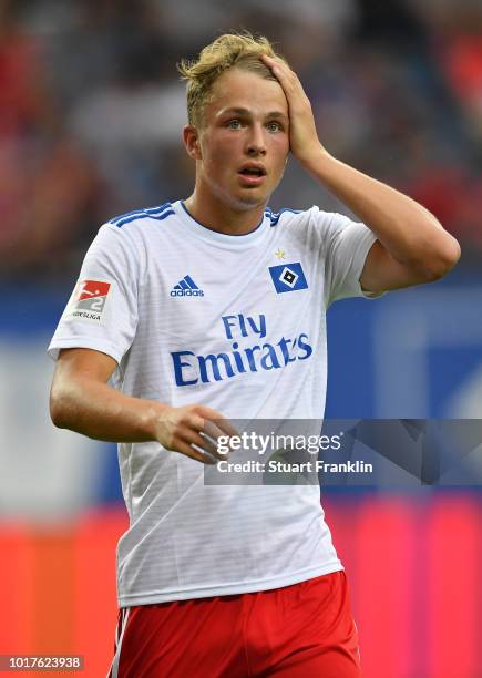 Jann-Fiete Arp of Hamburg looks on during the friendly match between Hamburger SV and Bayern Muenchen at Volksparkstadion on August 15, 2018 in...