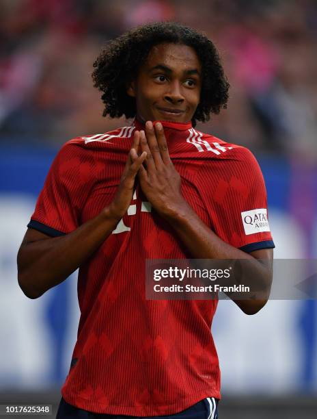 Joshua Zirkee of Muenchen reacts during the friendly match between Hamburger SV and Bayern Muenchen at Volksparkstadion on August 15, 2018 in...