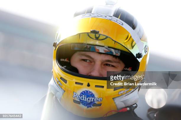 Todd Gilliland, driver of the Banfield Pet Hospital Toyota, stands in the garage area during practice for the NASCAR Camping World Truck Series UHOH...