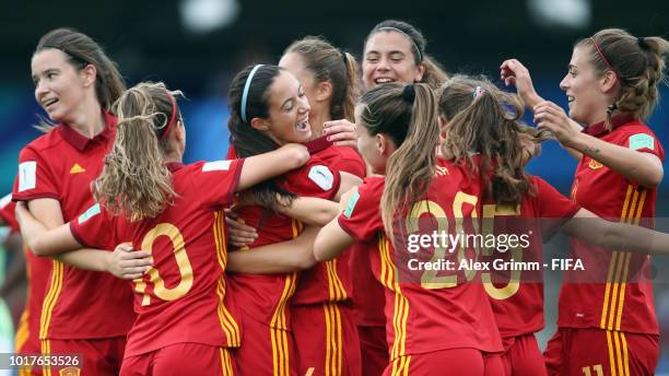 Aitana Bonmati of Spain celebrates her team's first goal with team mates during the FIFA U-20 Women's World Cup France 2018 Quarter Final quarter...