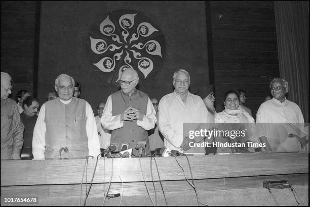 Leaders Atal Bihari Vajapayee, LK Advani, Kalyan Singh with BSP leader Kanshi Ram and Mayawati during joint press conference at Parliament Annexe....