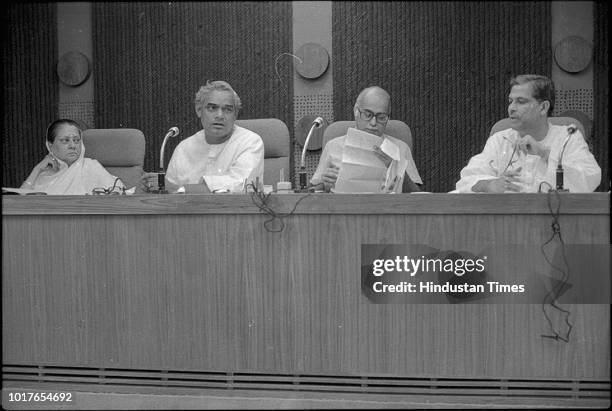 Atal Bihari Vajpayee, LK Advani and Rajamata Vijayaraje Scindia during BJP National Executive Meeting. Former prime minister Atal Bihari Vajpayee,...