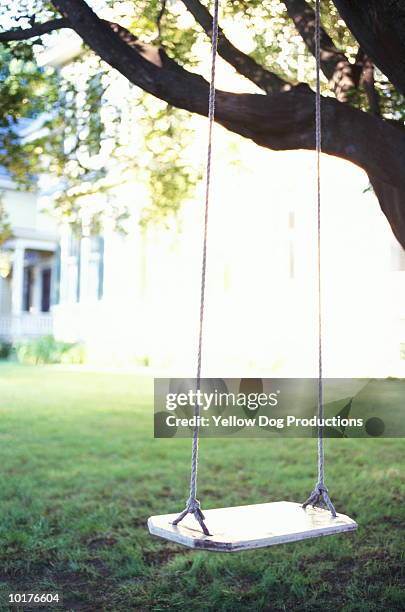 swing hanging from tree, house in bkgd. - altalena di corda foto e immagini stock