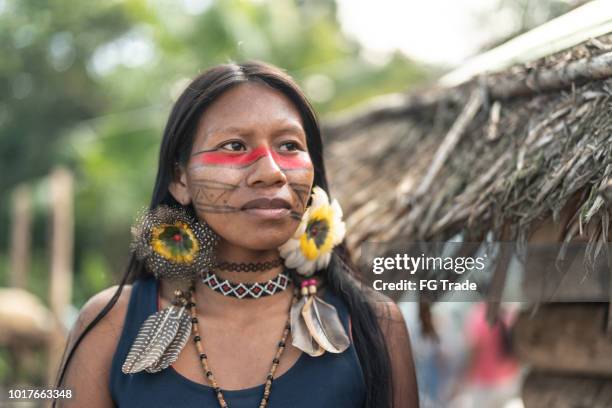 inheemse braziliaanse jonge vrouw, portret van guarani etniciteit - cultuur stockfoto's en -beelden