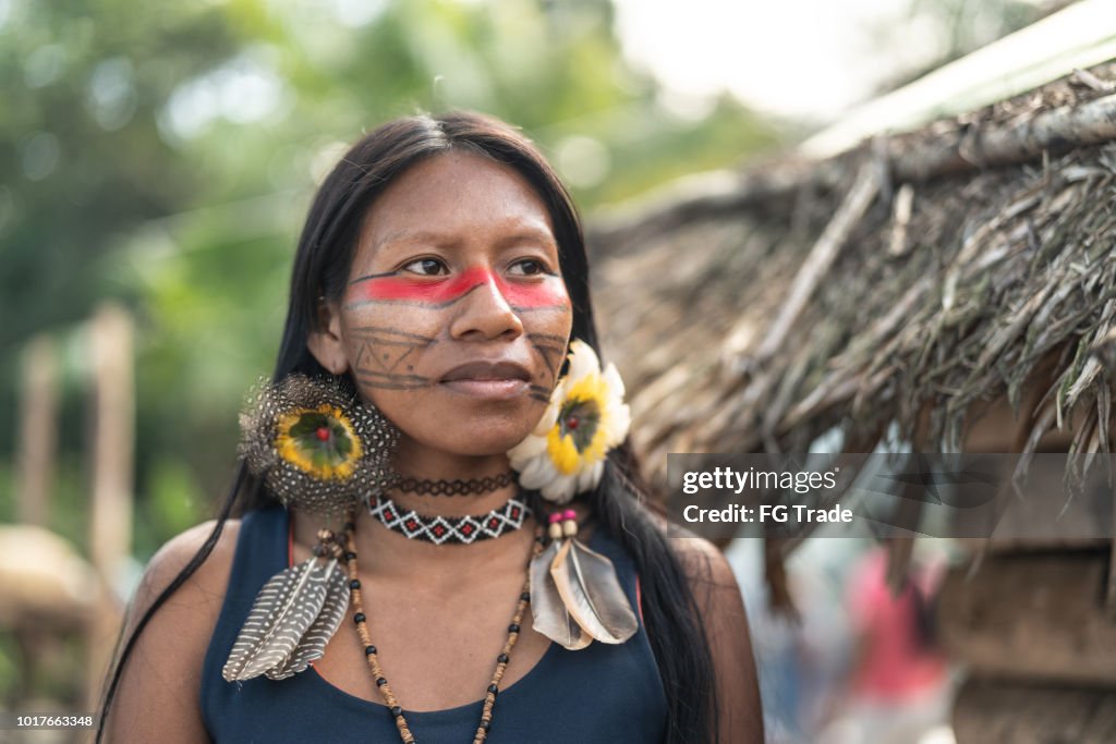 Indigenous Brazilian Young Woman, Portrait from Guarani Ethnicity