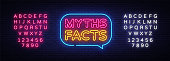 Myths Facts Neon Text Vector. Myths Facts neon sign, design template, modern trend design, night neon signboard, night bright advertising, light banner, light art. Vector. Editing text neon sign