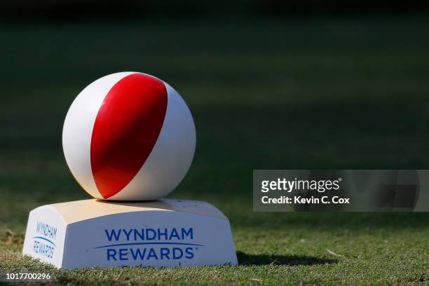 Detailed view of the 11th tee box during the first round of the Wyndham Championship at Sedgefield Country Club on August 16, 2018 in Greensboro,...