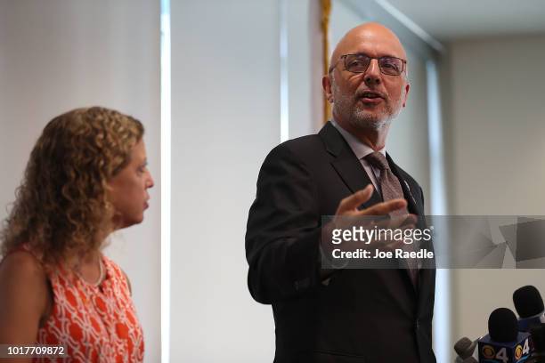 Rep. Ted Deutch and Rep. Debbie Wasserman Schultz attend a press conference, held at the Sunrise Police Department, asking the federal government to...