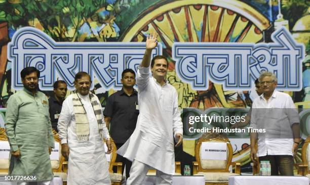 Leader S Jai Prakash Narayan Yadav, LJD leader Sharad Yadav, Congress President Rahul Gandhi and CPI-M leader Sitaram Yechury during Saanjhi Virasat...