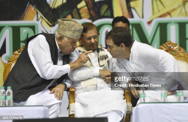 Leader Farooq Abdullah with LJD leader Sharad Yadav and Congress President Rahul Gandhi during Saanjhi Virasat Bachao Sammelan at Talkatora Stadium...