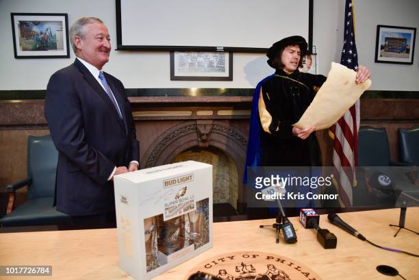 Philadelphia Mayor Jim Kenney was among the first to receive Bud Lights Philly Philly Commemorative Super Bowl LII Pack at City Hall on Thursday,...