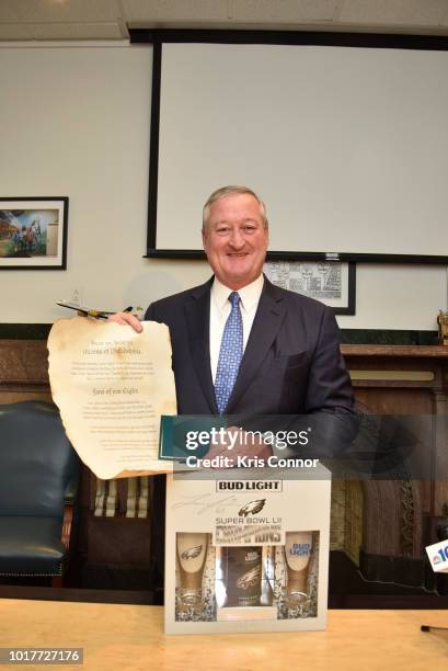 Philadelphia Mayor Jim Kenney was among the first to receive Bud Lights Philly Philly Commemorative Super Bowl LII Pack at City Hall on Thursday,...