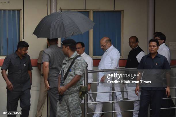 President Amit Shah leaves the hospital after visiting former Prime Minister Atal Bihari Vajpayee who was admitted at AIIMS hospital on August 16,...