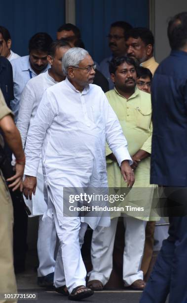 Bihar Chief Minister Nitish Kumar leaves the hospital after visiting former Prime Minister Atal Bihari Vajpayee who was admitted at AIIMS hospital on...