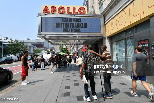 View of the marquee as Aretha Franklin is remembered at the Apollo Theater on August 16, 2018 in New York City. Franklin passed away on August 16,...