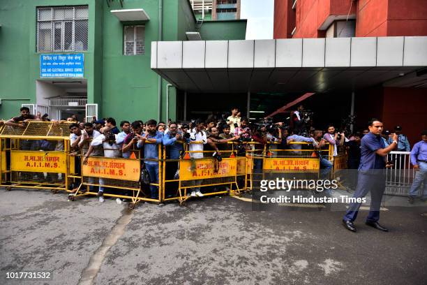 Media is seen outside the building where former Prime Minister Atal Bihari Vajpayee who was admitted at AIIMS hospital on August 16, 2018 in New...