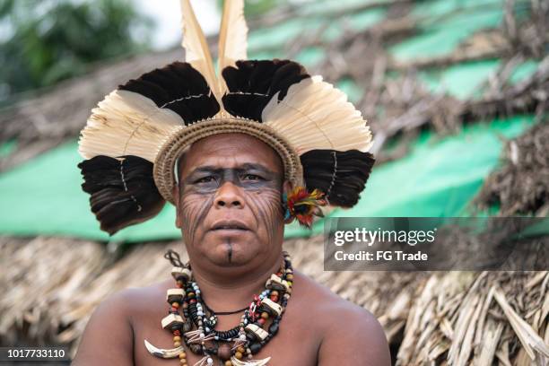 indigenous brazilian mature man portrait from guarani ethnicity - brazil village stock pictures, royalty-free photos & images
