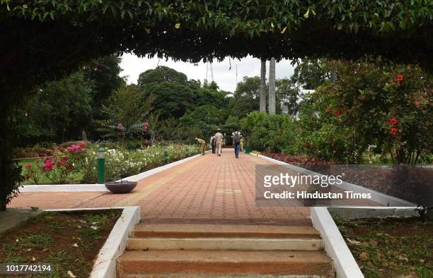 View of the walkway through the gardens of Karnataka Raj Bhavan, the residence of the state Governor on August 16, 2018 in Bengaluru, India. The Raj...