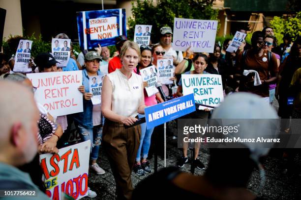 Democratic gubernatorial candidate Cynthia Nixon speaks to attendees during a rally for universal rent control on August 16, 2018 in New York City....