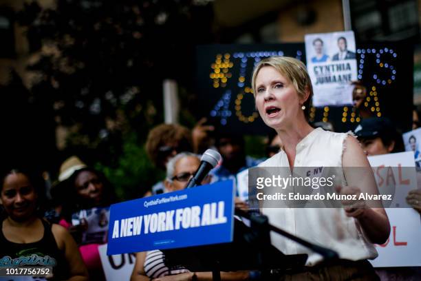 Democratic gubernatorial candidate Cynthia Nixon speaks to attendees during a rally for universal rent control on August 16, 2018 in New York City....