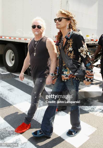 Joey Kramer and Steven Tyler of Aerosmith depart for the Tonight Show appearance on August 16, 2018 in New York City.