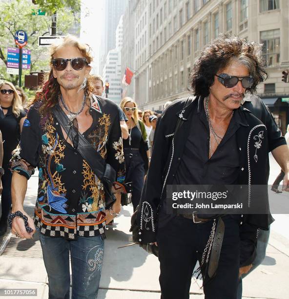 Steven Tyler and Joe Perry of Aerosmith depart for the Tonight Show appearance on August 16, 2018 in New York City.