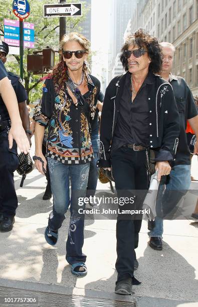 Steven Tyler and Joe Perry of Aerosmith depart for the Tonight Show appearance on August 16, 2018 in New York City.