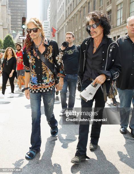 Steven Tyler and Joe Perry of Aerosmith depart for the Tonight Show appearance on August 16, 2018 in New York City.