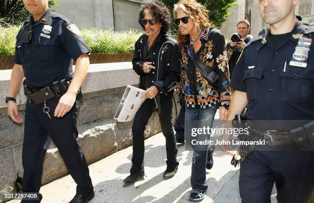 Joe Perry and Steven Tyler of Aerosmith depart for the Tonight Show appearance on August 16, 2018 in New York City.