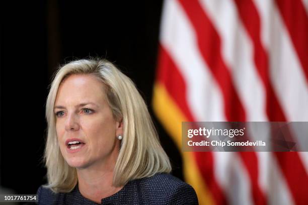 Homeland Security Secretary Kirstjen Nielsen speaks during a meeting of the Federal Commission on School Safety in the Indian Treaty Room in the...