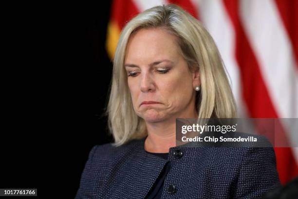 Homeland Security Secretary Kirstjen Nielsen speaks participates in a meeting of the Federal Commission on School Safety in the Indian Treaty Room in...