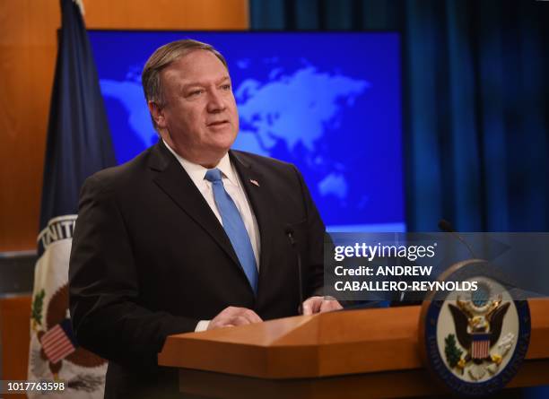 Secretary of State Mike Pompeo announces the creation of the "Iran Action Group" during a press briefing at the State department in Washington, DC,...