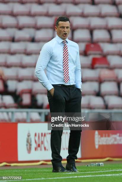 Sunderland manager Jack Ross during the Carabao Cup First Round match between Sunderland and Sheffield Wednesday at Stadium of Light on August 16,...