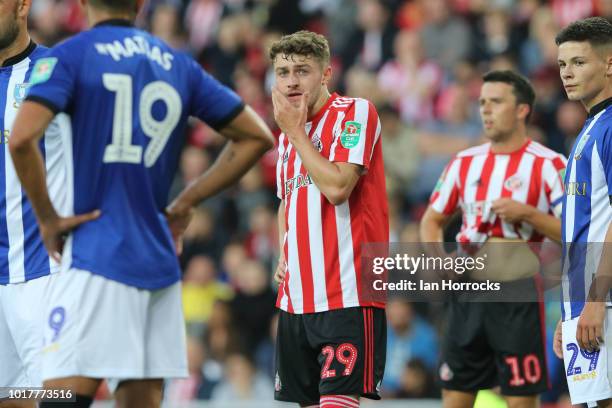 Elliot Embleton of Sunderland reacts during the Carabao Cup First Round match between Sunderland and Sheffield Wednesday at Stadium of Light on...