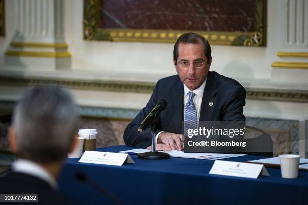 Alex Azar, secretary of Health and Human Services , speaks during a Federal Commission on School Safety meeting in the Eisenhower Executive Office...