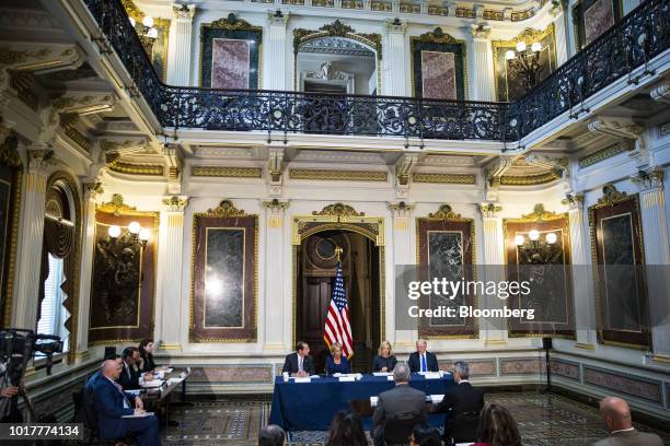 Alex Azar, secretary of Health and Human Services , from left, Betsy DeVos, U.S. Secretary of education, Kirstjen Nielsen, U.S. Secretary of Homeland...