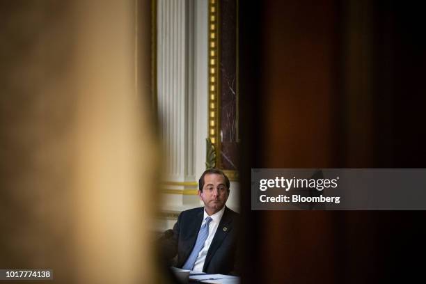 Alex Azar, secretary of Health and Human Services , listens during a Federal Commission on School Safety meeting in the Eisenhower Executive Office...