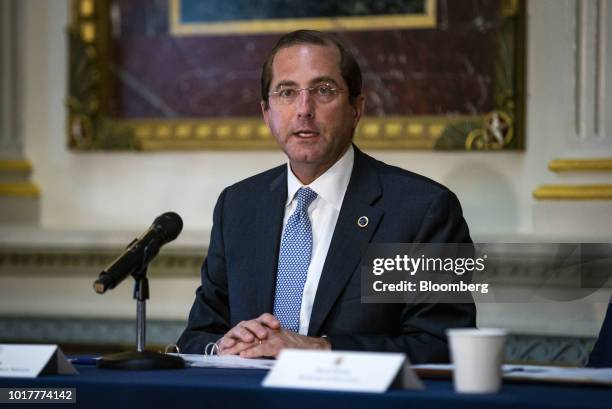 Alex Azar, secretary of Health and Human Services , speaks during a Federal Commission on School Safety meeting in the Eisenhower Executive Office...