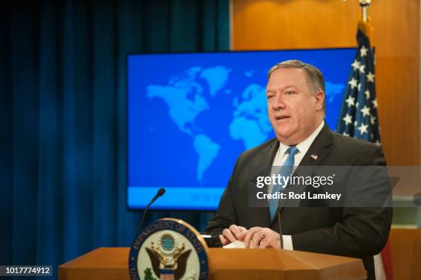 Secretary of State Mike Pompeo announces the creation of the Iran Action Group at the Department of State on August 16, 2018 in Washington, DC. The...