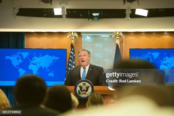 Secretary of State Mike Pompeo announces the creation of the Iran Action Group at the Department of State on August 16, 2018 in Washington, DC. The...