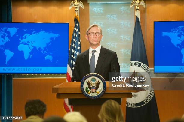 Director of Policy Planning Brian Hook fields questions from journalists during the announcement of the creation of the Iran Action Group at the...